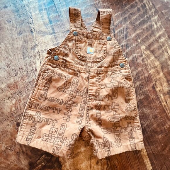 Carhartt Baby Overalls 18M Brown Allover Logo Print Durable All Cotton - Picture 2 of 11